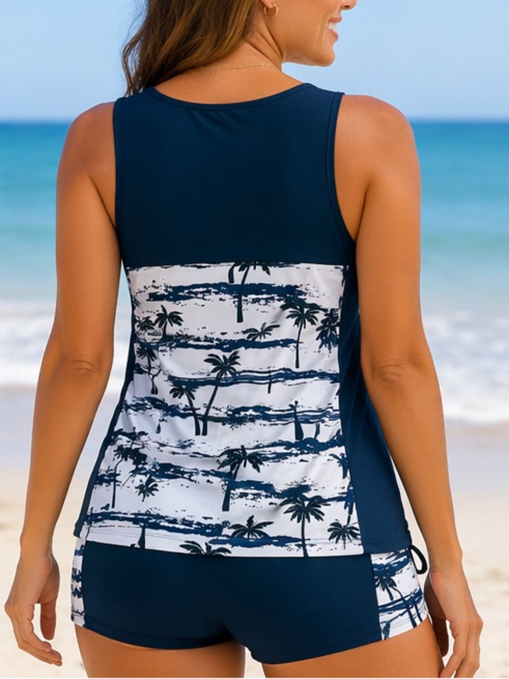 Navy & White Palm Print Tankini Set Top 2x Bottoms 1X - Picture 3 of 4